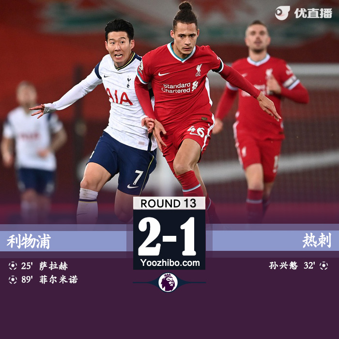 英超简报：利物浦2-1热刺 萨拉赫孙兴慜破门菲尔米诺绝杀