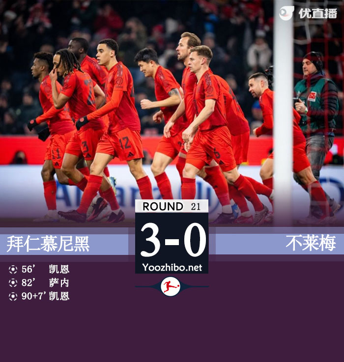 拜仁3-0不莱梅取7连胜 凯恩点射双响萨内替补即破门