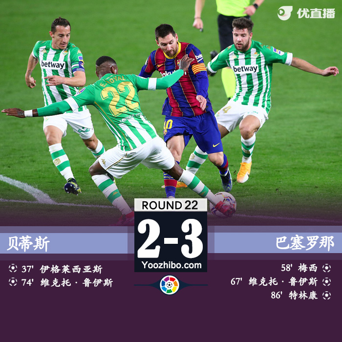 巴萨3-2逆转贝蒂斯 特林康绝杀梅西替补破门+造3球