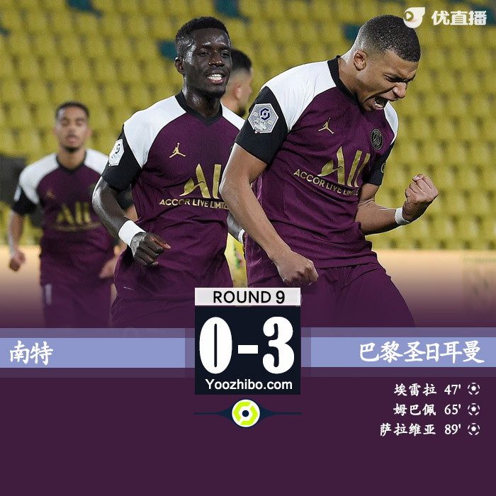 法甲简报：巴黎3-0南特 姆巴佩传射6轮狂造11球纳瓦斯扑点