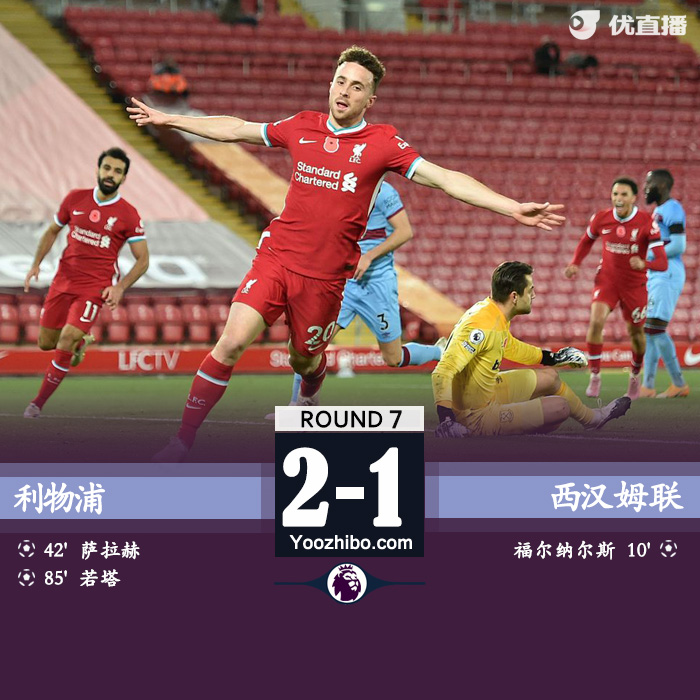 英超简报：利物浦2-1西汉姆 萨拉赫点射若塔替补制胜
