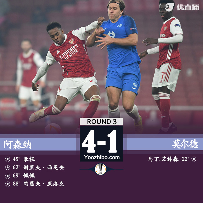 欧联杯简报：阿森纳4-1莫尔德 佩佩传射威洛克破门+造乌龙