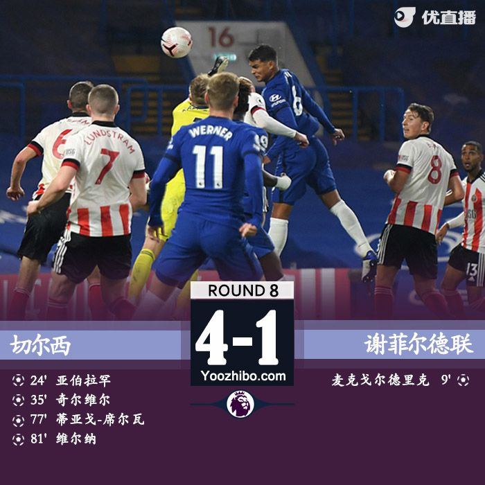 英超简报：切尔西4-1谢菲联 弟媳首球齐耶赫两助攻