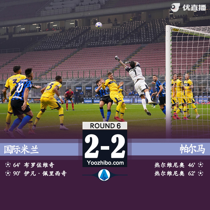 意甲简报：国米2-2帕尔马 佩里西奇补时绝平B罗破门