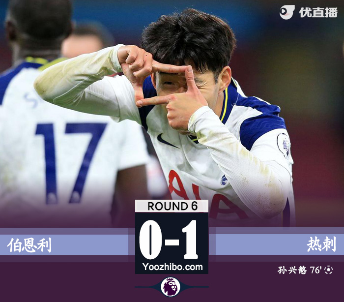 英超简报：热刺1-0伯恩利 孙兴慜连续4场破门凯恩送助攻