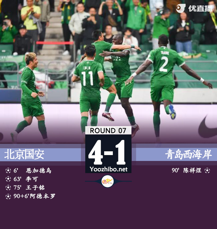 国安4-1西海岸 张稀哲送助攻，李可凌空斩