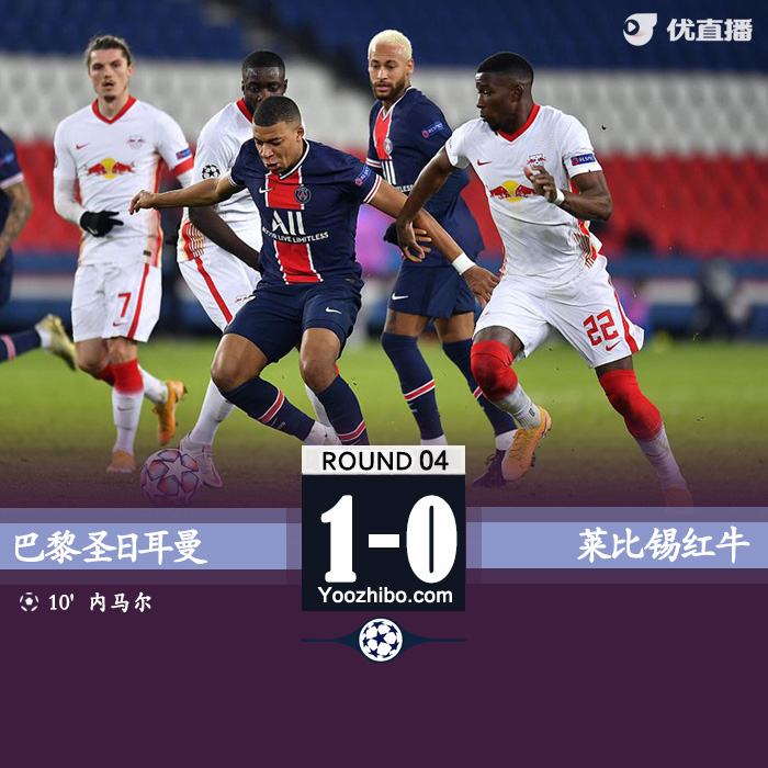 欧冠简报：巴黎1-0莱比锡 迪马利亚造点内马尔点射