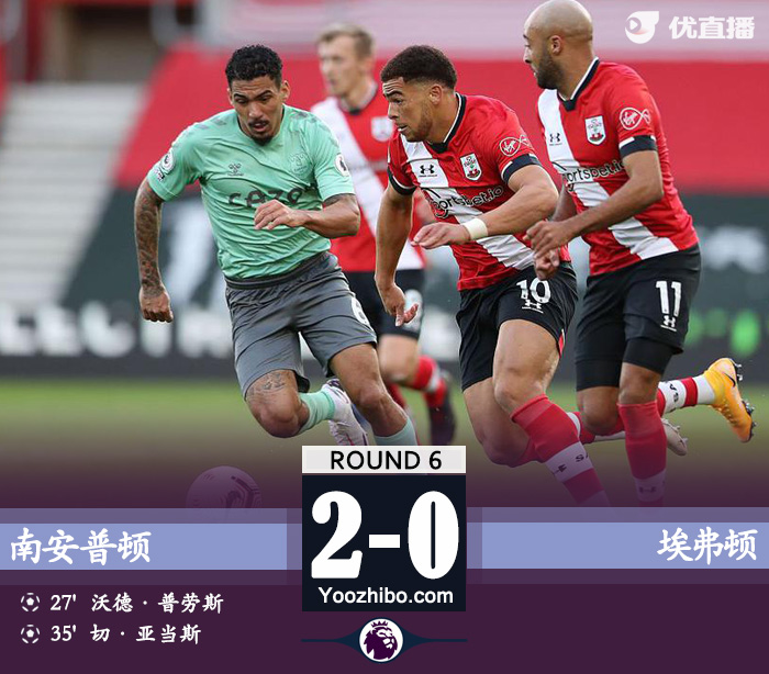 英超简报：埃弗顿0-2南安普顿 西古德森中框迪涅染红