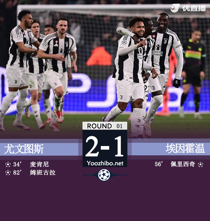 尤文2-1埃因霍温 麦肯尼破门姆班古拉替补制胜