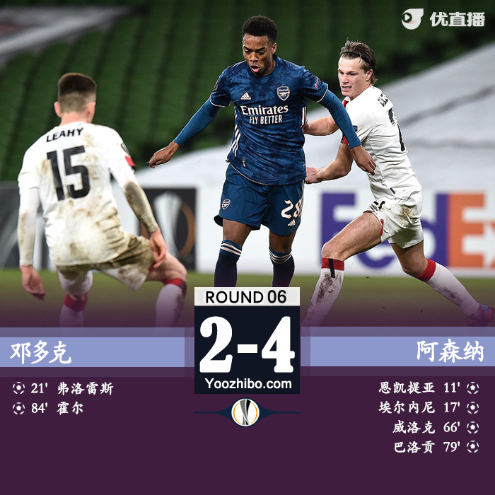 欧联杯简报：阿森纳4-2邓多克 埃尔内尼世界波巴洛贡传射